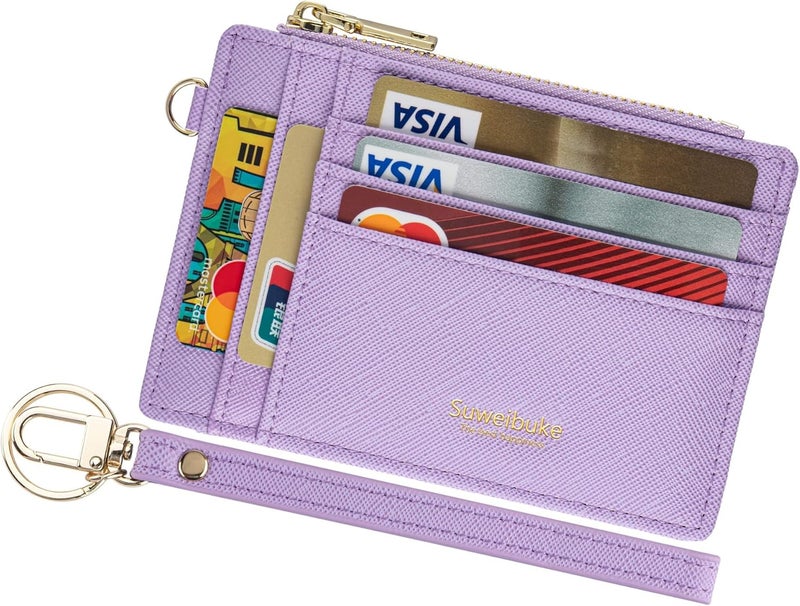 Wikavanli Women Slim Rfid Blocking Credit Card Case Holder Wristlet Zip ID Case Wallet Small Compact Leather Wallet Coin Purse with Keychain (Light Purple a) - Image 1